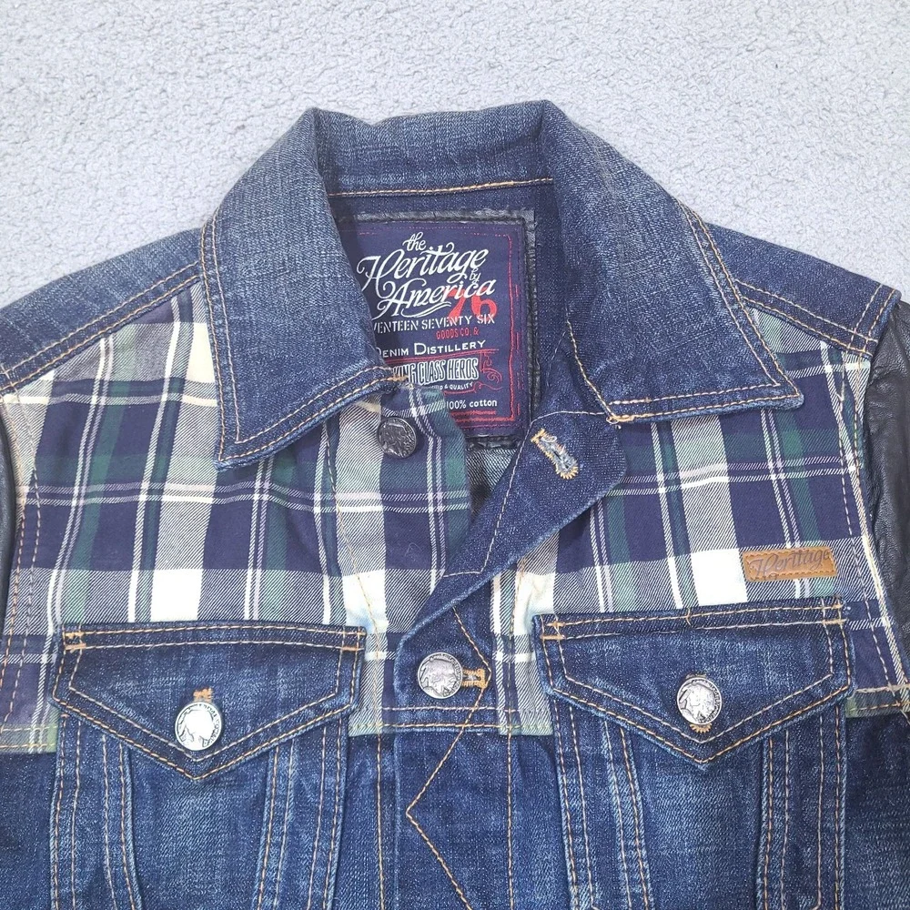The Heritage America 1776 Denim Distillery Jacket Mens Small Faux Leather Forged